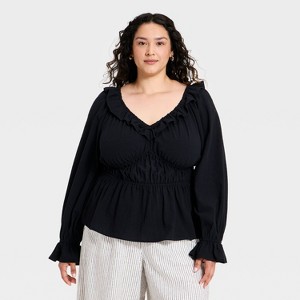 Women's Plus Balloon Long Sleeve V-Neck Frill Woven Top - Ava
