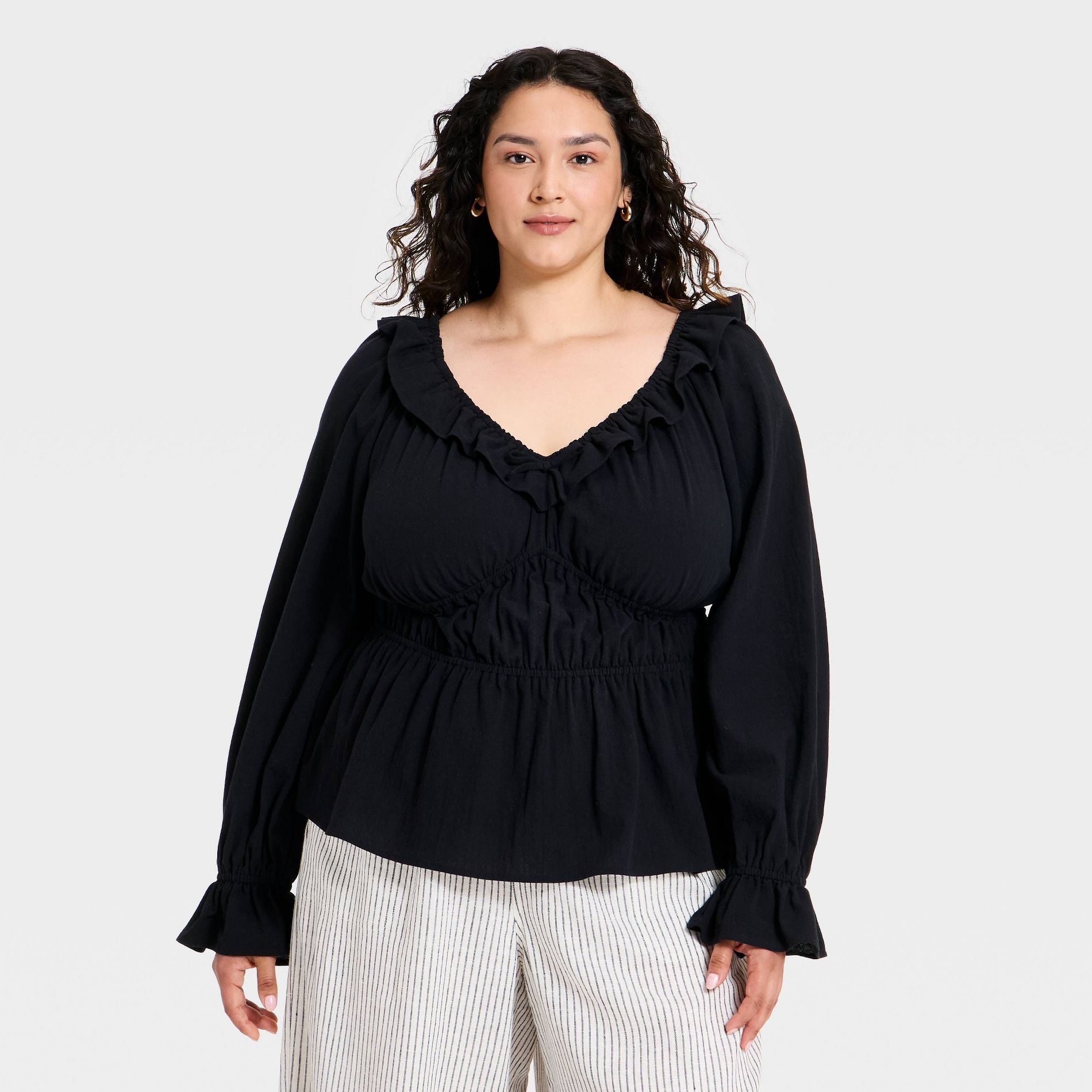 Women's Balloon Long Sleeve V-Neck Frill Woven Top - Ava & Viv™