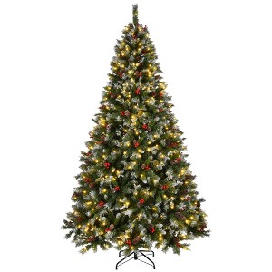 NAYSAYE 7.5FT Pre-Decorated Artificial Christmas Tree with Frosted Tips Pine Cones Berries for Home Office Party Decor, Green, 47"*47"*90" - 1 of 4