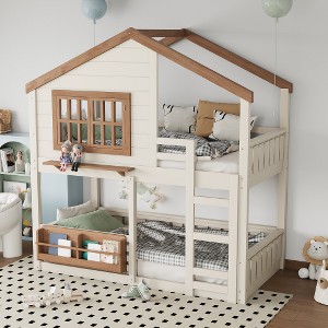 KWPZQEB Solid Wood Bunk Bed, House Shaped Bunk Bed with Safety Fencing and Bookshelf, House Bunkbeds for Kids - 1 of 4