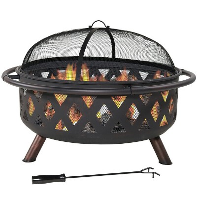 Sunnydaze Outdoor Camping or Backyard Round Crossweave Cut Out Fire Pit with Spark Screen, Log Poker, and Cover - 36