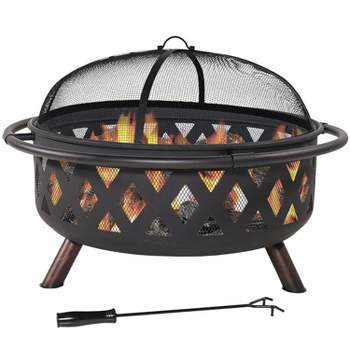 Sunnydaze Crossweave Heavy-Duty Steel Outdoor Fire Pit with Spark Screen, Poker, Grill, and Cover - Black