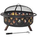 Sunnydaze Outdoor Camping or Backyard Round Crossweave Cut Out Fire Pit with Spark Screen, Log Poker, and Cover - 36"