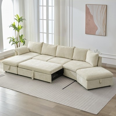 146.9"W L-Shaped Sectional Sofa with a Movable Storage Ottoman, Pull-out Sofa Bed with a Storage Chaise Lounge and 2 USB Ports 4S - ModernLuxe