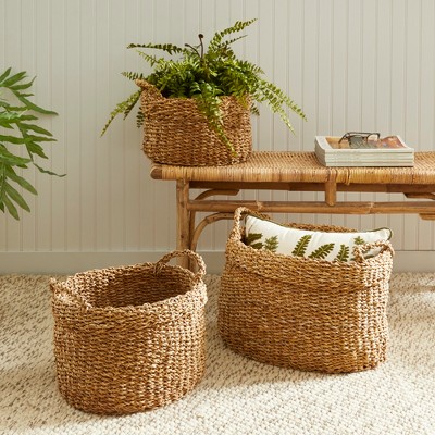Natural Seagrass Oval Storage Basket Set with Handles