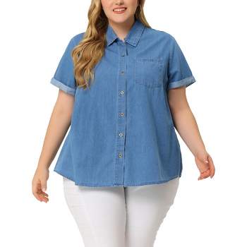 Agnes Orinda Women's Plus Size Denim Roll Sleeve Stand Collar Chambray Button Down Shirts