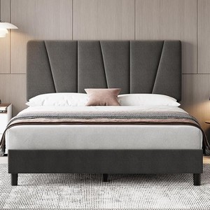 Velvet Upholstered Bed Frame with Adjustable Headboard - Wood Slat Support, No Box Spring Needed, Platform Bed with Strong Metal Frame - 1 of 4