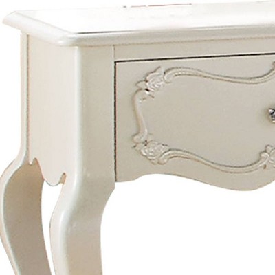 Edalene Pearl White Pine Wood Nightstand with Floral Carving
