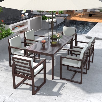 7pcs Patio Wood Dining Set, Outdoor Conversation Sets, Dining Table and Chair Set with Cushions for Backyard, Garden -Frevyn