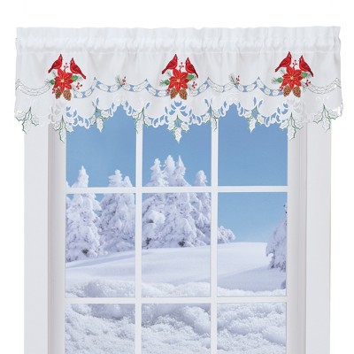 Collections Etc Embroidered Cardinal Poinsettia Festive Window Valance