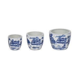 Sagebrook Home 3pc Chinoiserie Planters Ceramic: Hand-Painted, Rust-Resistant, No Drainage Hole(s) - 1 of 4