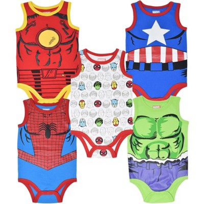 Image of Marvel Avengers Captain America Iron Man Hulk Spider-Man Newborn Baby Boys 5 Pack Bodysuits Multicolor 6-9 Months
