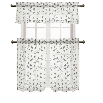 GoodGram Adler Metallic Embroidered Leaves 3 Piece Sheer Kitchen Curtain Set