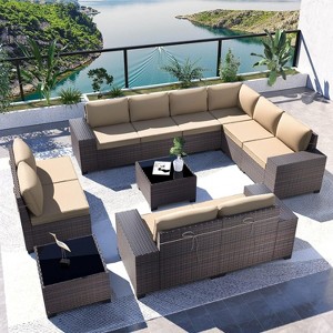 ALAULM Outdoor Patio Furniture Set Outdoor Sectional Rattan Sofa Set Brown Manual Wicker Patio Conversation Set with Cushions - 1 of 4