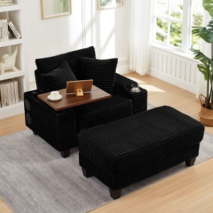 PAGED Single Sofa with Ottoman, Fluffy Corduroy Sofa with Bluetooth Speaker, USB Ports,180°Rotating Table Board for Living Room - 1 of 4