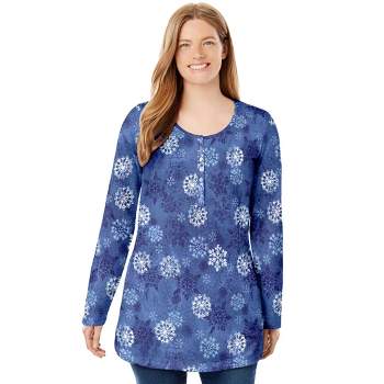 Woman Within Women's Plus Size Perfect Printed Long-Sleeve Henley Tee