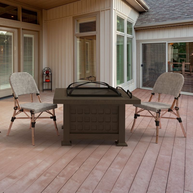 Four Seasons Courtyard 30" Steel Slate Top Wood Burning Fire Pit Square Outdoor Backyard Patio and Deck Fireplace with Safe Screen and Poker, Bronze, 4 of 7