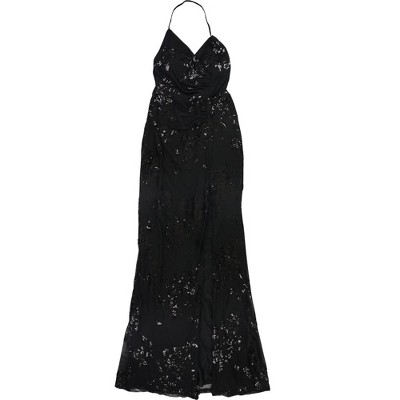 Speechless Womens Embroidered Sequin Mesh Lace-up Back Gown Dress, Black, 5