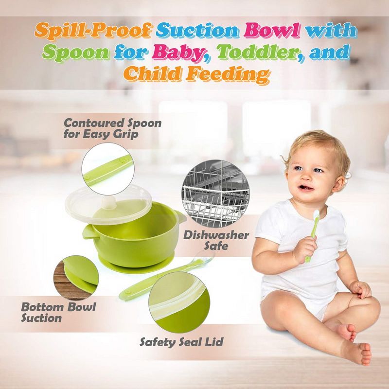 Silicone Suction Baby Bowl with Lid - BPA Free - 100% Food Grade Silicone - Infant Babies and Toddler Self Feeding (Green / Pink), 3 of 7
