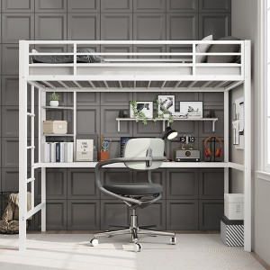 Twin Size Loft Bed with Large Desk and Storage Shelves, Metal Loft Bed with Safety Guardrail and Ladder for Kids and Adults, Space Saving - 1 of 4