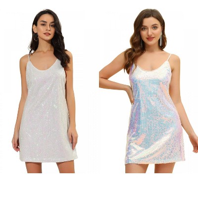 Allegra K Women's Glitter Sequin Spaghetti Strap V Neck Cocktail Sparkly Mini Dress 2 Packs