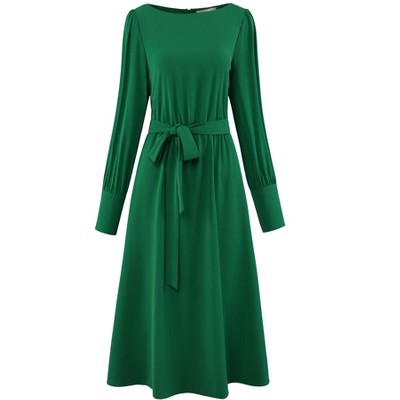 Hobemty Women's Boat Neck Long Puff Sleeve Tie Waist Casual Work A-Line Flare Dress