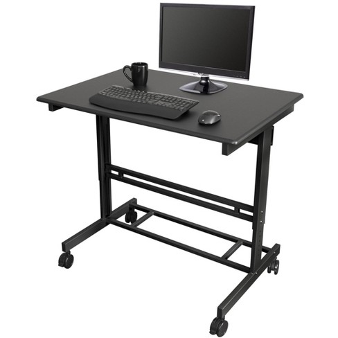 Stand Up Desk Store Mobile Rolling Adjustable Height Standing Workstation  with Printer Shelf and Slideout Keyboard Tray (White Frame/Black Top, 30  Wide) 