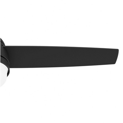 A black colored fan blade attached to a ceiling fan.