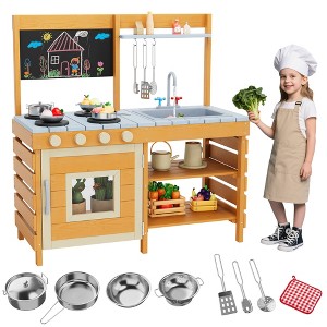 Wooden Kids Play Kitchen Set for Indoor & Outdoor Use, Pretend Play Mud Kitchen with Chalkboard, Stoves & Storage, for Toddlers 3+ Years, Orange - 1 of 4