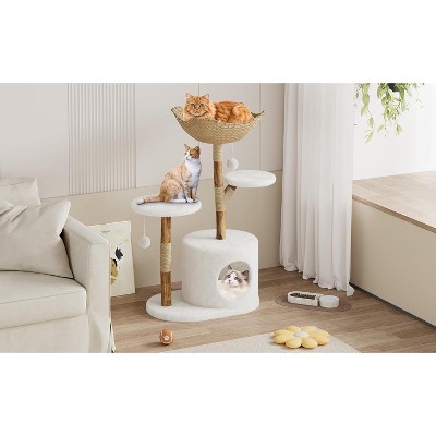 43" Natural Wood Cat Tree w/Real Branch Design, Multi-Level Tower, Large Basket & Scratching Posts, 1 or 2 Perch Options for Large Cats