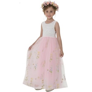 2Bunnies Girls 3-8Y Floral Embroidered Tulle Lace Sleeveless Maxi Flower Girl Dress - 1 of 4