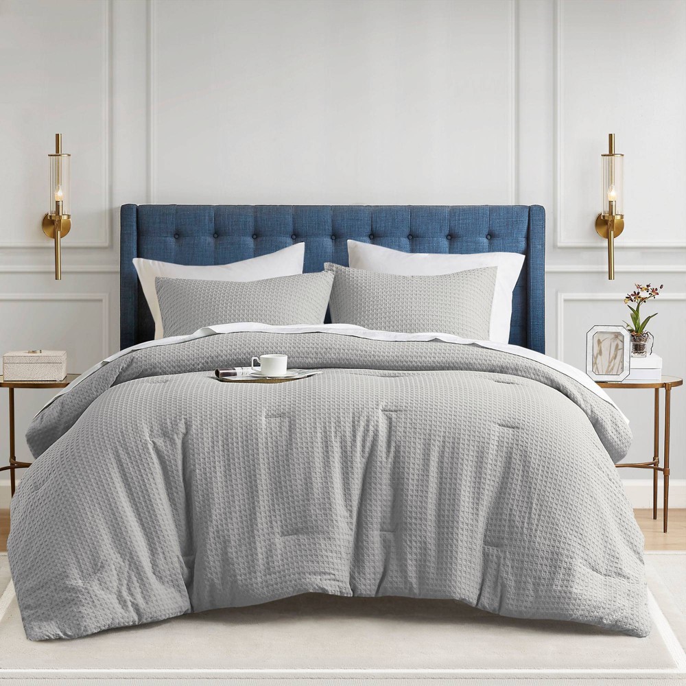 Photos - Bed Linen King/California King Mina Waffle Weave Textured Comforter Set Light Gray 