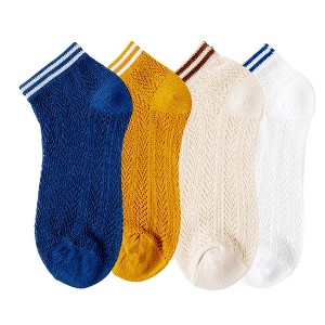 Anna-Kaci Women's 4-Pair Pack Lightweight Mesh Ankle Socks with Striped Cuffs Breathable Knit Texture - 1 of 4