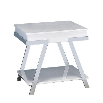 Royal Hampton 26 Inch Side End Table, Open Shelf, Chrome, High Gloss White Finish