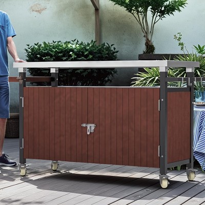 GDFStudio Bethune Modern Outdoor Wood Serving Cart with Stainless Steel Tabletop and 4 Wheels