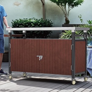 GDFStudio Bethune Modern Outdoor Wood Serving Cart with Stainless Steel Tabletop and 4 Wheels - 1 of 4