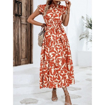 Womens Dress Summer Ruffle Trim Flutter Sleeve Tie Waist Printed Midi Dress