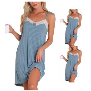 INSPIRE CHIC Women Nightgown Sleeveless Lace Trim Breathable Thigh Length Soft Sleepdress - 1 of 4