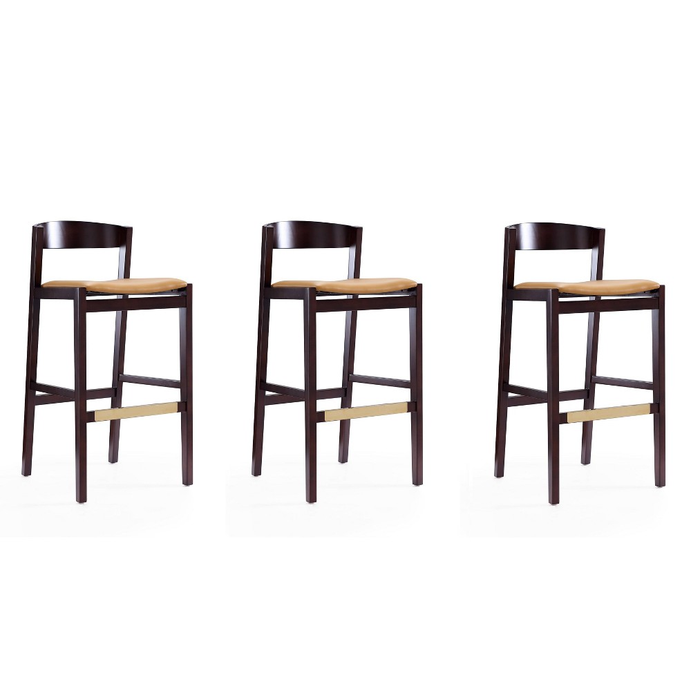 Photos - Chair Set of 3 Klismos Upholstered Beech Wood Barstools Camel - Manhattan Comfort: Danish Modern, No Assembly Required, Faux Leath