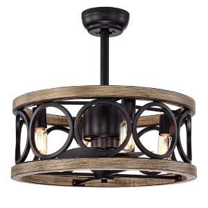 Warehouse Of Tiffany Catrin Wood Grain Ceiling Fan 21" 4-Light Open Metal Drum Shade with Remote - 1 of 2
