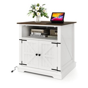 Vipbear End Table with Charging Station 24"Large Sofa Side Table with Barn Door, Rustic Wood Bedside Table with Adjustable Storage Shelf for Bedroom - 1 of 4