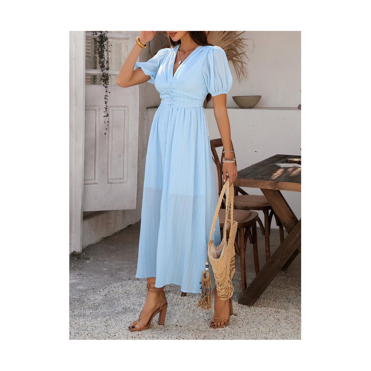 Garvee Women's V Neck Short Sleeve Midi Dress Ruched High Waist Button Front Smocked Back Lantern Sleeve Flowy A-Line Sun Dresses - thumbnail 6