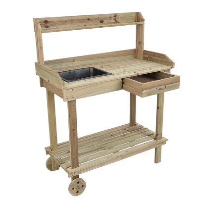 Natural Fir Wood Mobile Potting Bench with Drawer and Shelves
