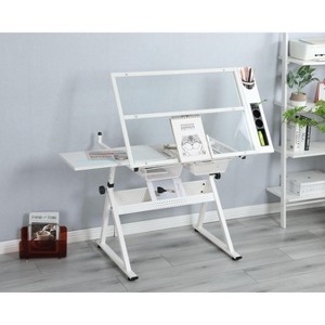 Okak Tempered Glass Drawing Drafting Table with Metal Drawers & Stool,Hand-Operated Adjustable Drafting Desk for Artist - 1 of 4