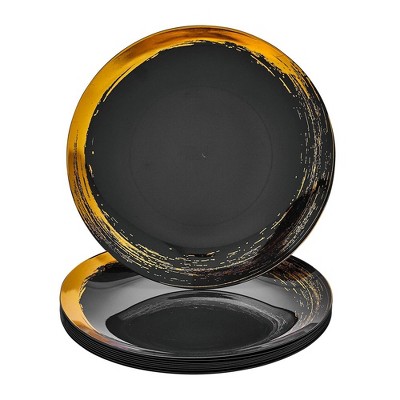 Silver Spoons Elegant Disposable Plastic Plates for Party, Heavy Duty Gold and Black Disposable Plate Set, (10 PC) - Brush	