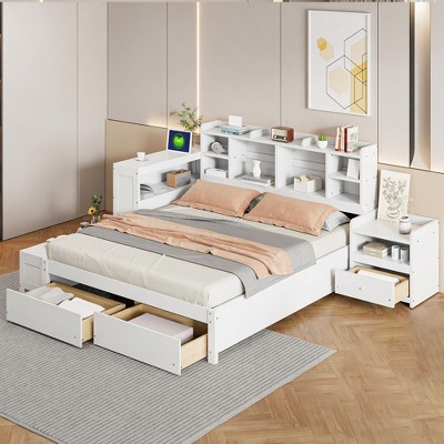 Full Size Platform Bed with Storage Headboard, Nightstand, 2 Drawers, USB Ports and Desk, White/Gray-ModernLuxe