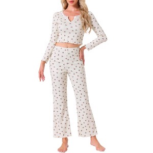 INSPIRE CHIC Women's 2 Pcs Pajama Cherry Print Ruffle Trim V-Neck Long Sleeve Top and Pants Set - 1 of 4