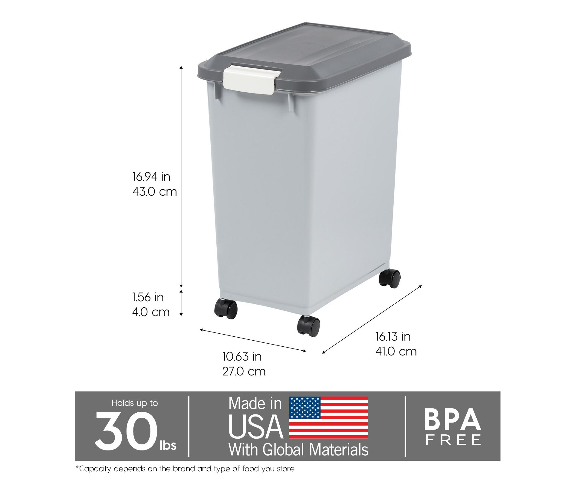 IRIS USA Dog Food Storage Container with Wheels, 2-Cup Scoops, Gray/Dark Gray