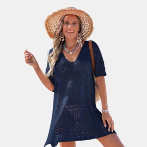 Women's Breezy Navy Crochet Beach Cover Up Dress - Cupshe - 1 of 4