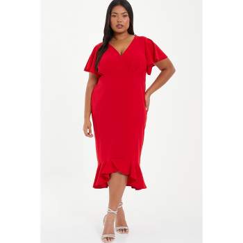 QUIZ Women's Plus Size V-Neck Frill Hem Midi Dress